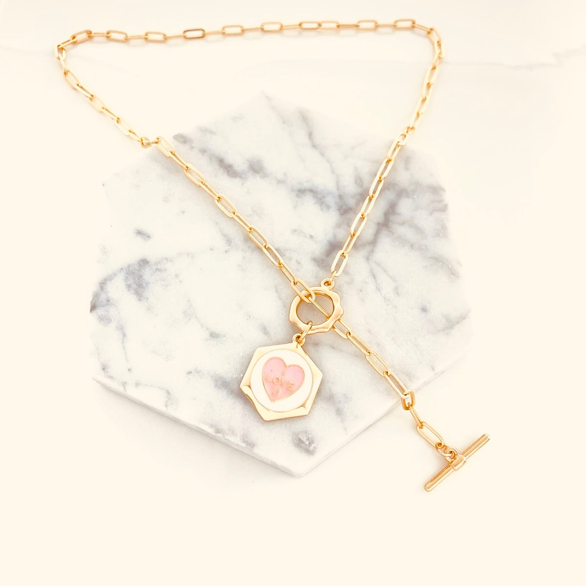 Love enamel gold plated pink heart necklace