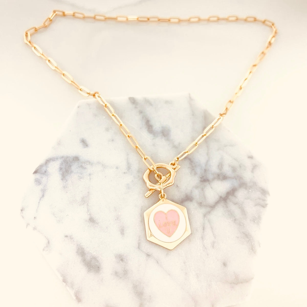 Love enamel gold plated pink heart necklace