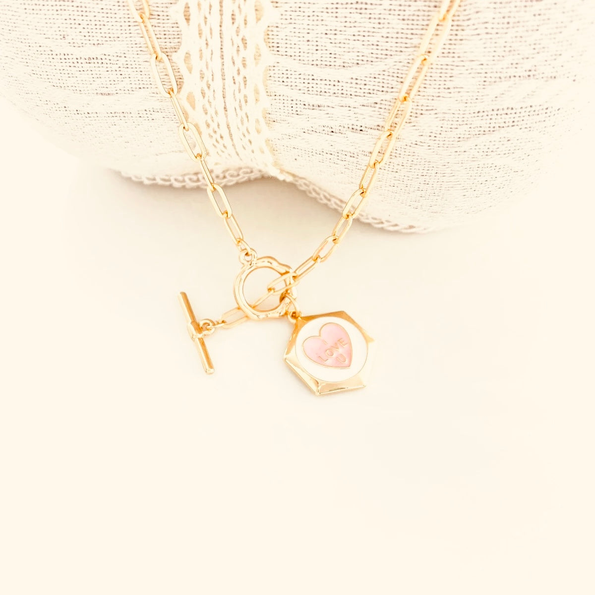 Love enamel gold plated pink heart necklace