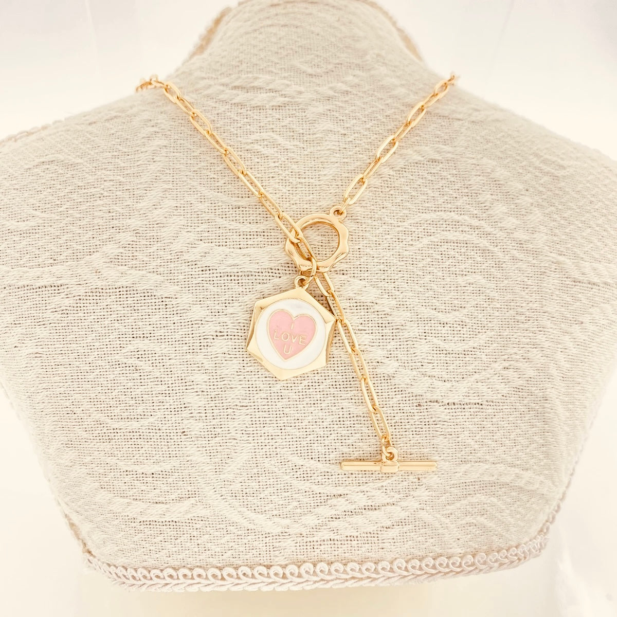 Love enamel gold plated pink heart necklace