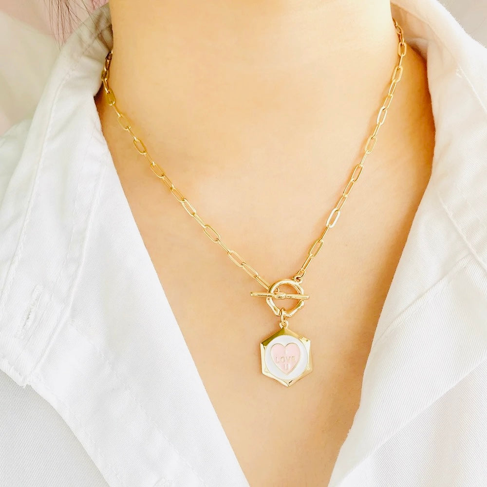 Love enamel gold plated pink heart necklace