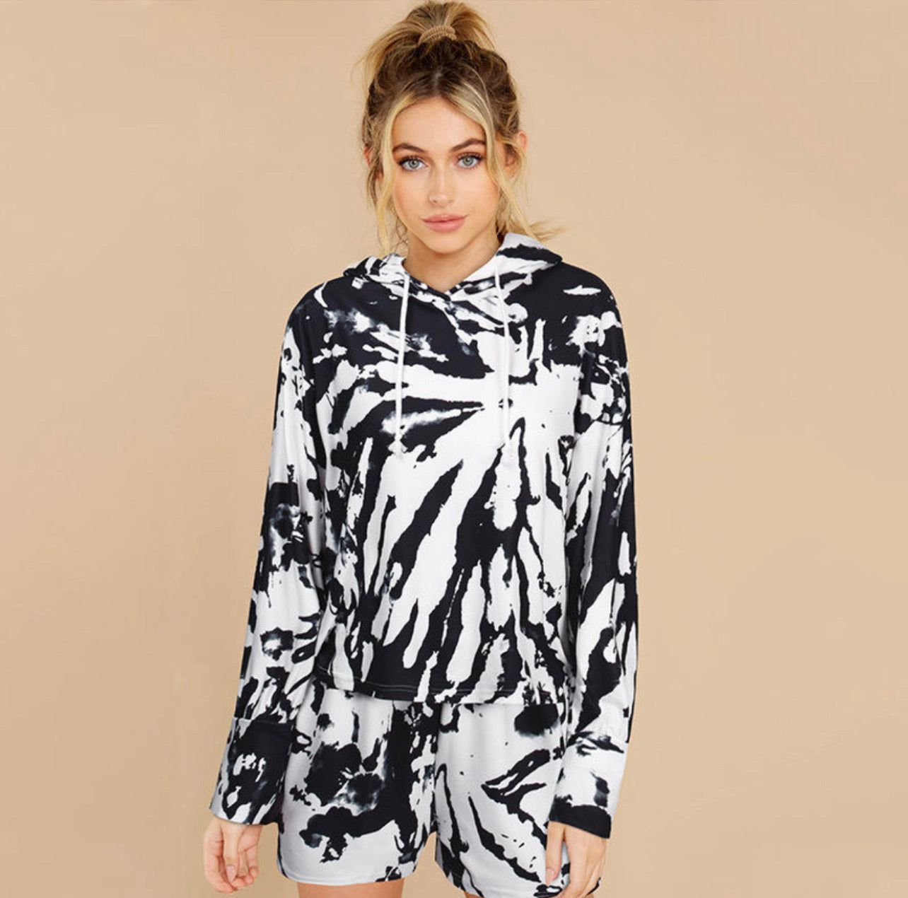 Black and White- Tie Dye Hoodie & Short Set