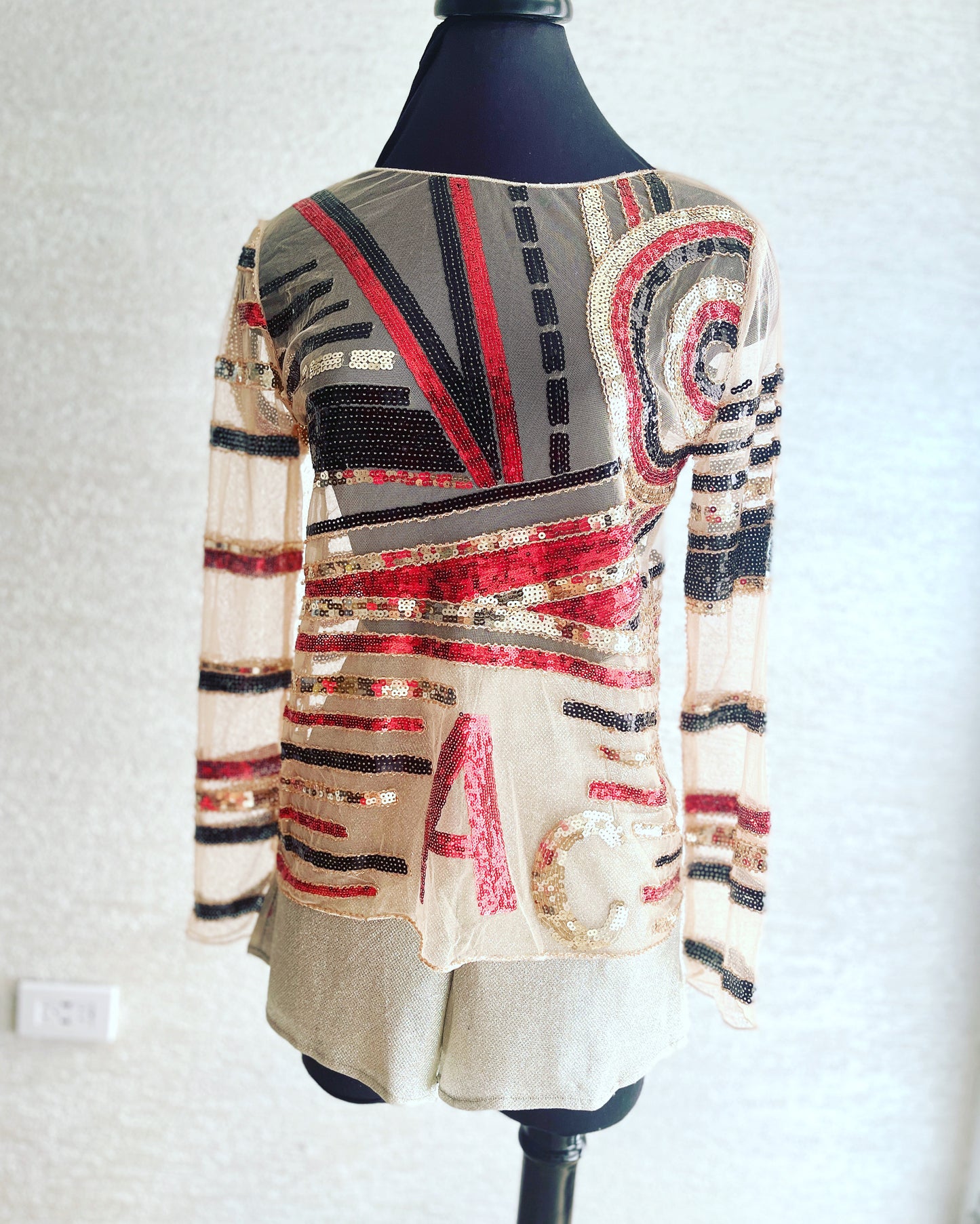 Black, gold and red sequin top