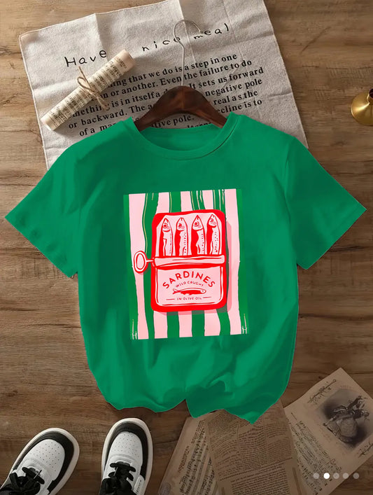 Casual Green Sardines Graphic Tshirt