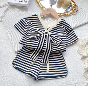 Girls V- neck set Black and White striped and bow shirt and short