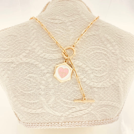 Love enamel gold plated pink heart necklace