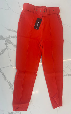 Red belted slacks