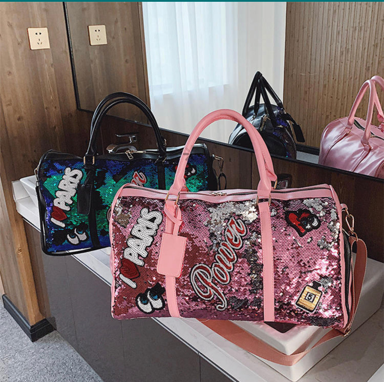 Leather sequins duffle bag