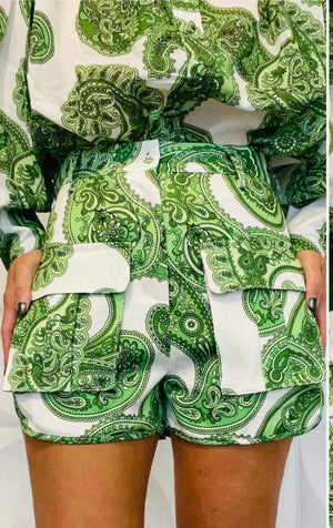 Green and white short set