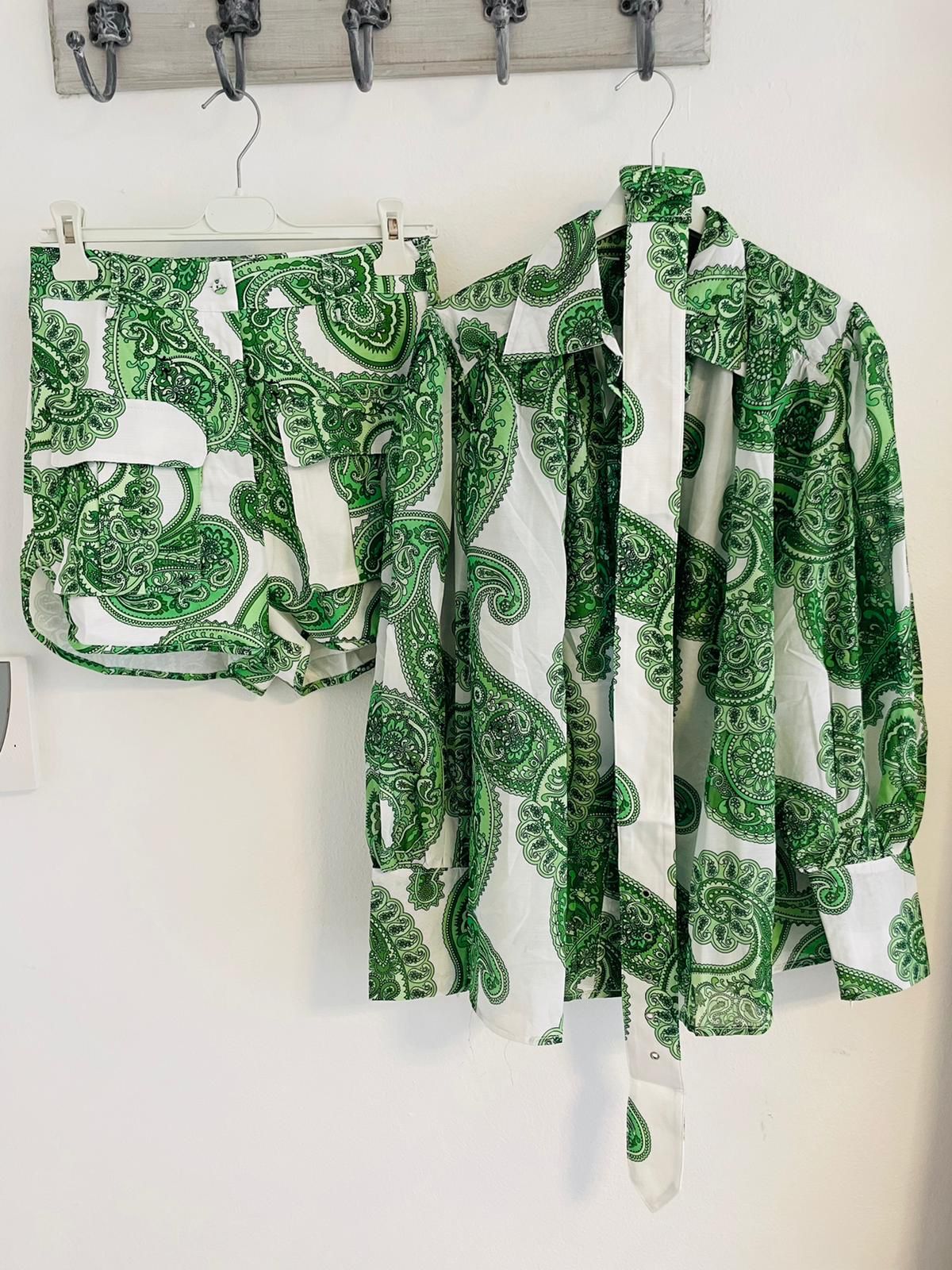 Green and white short set