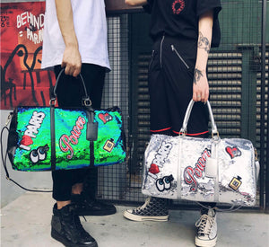Leather sequins duffle bag