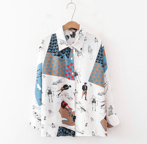 Women Retro printing Blouse